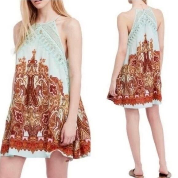 Free People Dresses & Skirts - Free People Shea Mint Green Crochet Lace Paisley Swing Slip Dress Women's L
